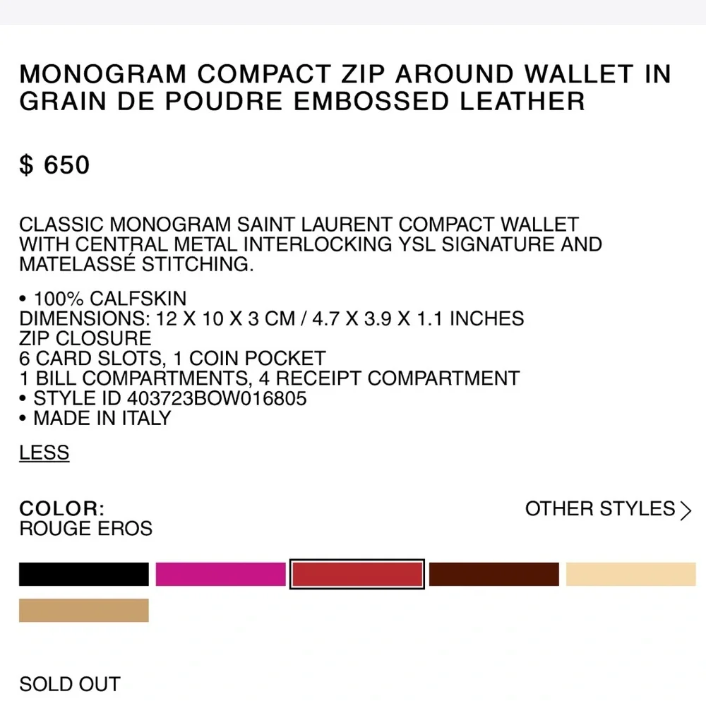 Yves Saint Laurent Red Quilted Zip Wallet with Gold YSL Logo